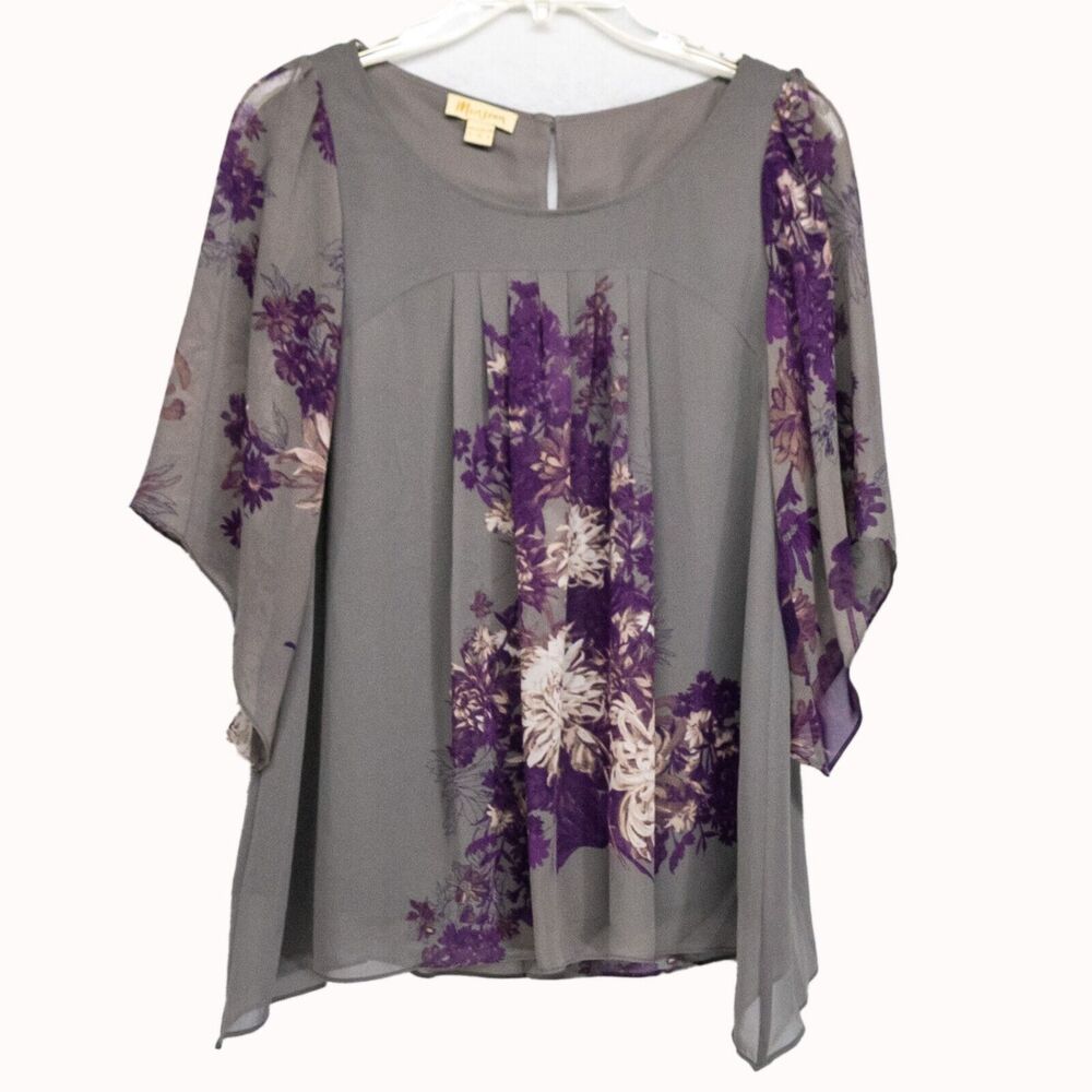 Monsoon Grey Chiffon Floral Blouse Purple Panel Sheer Batwing Split Sleeve Tunic